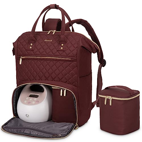 Image of LOVEVOOK Breast Pump Backpack with Cooler Bag, Quilted Breast Pump Bags Fits Spectra S1, S2 Medela, Travel Double Layer Pumping Bag for Working Moms with 15.6" Laptop Pocket, Wine Red