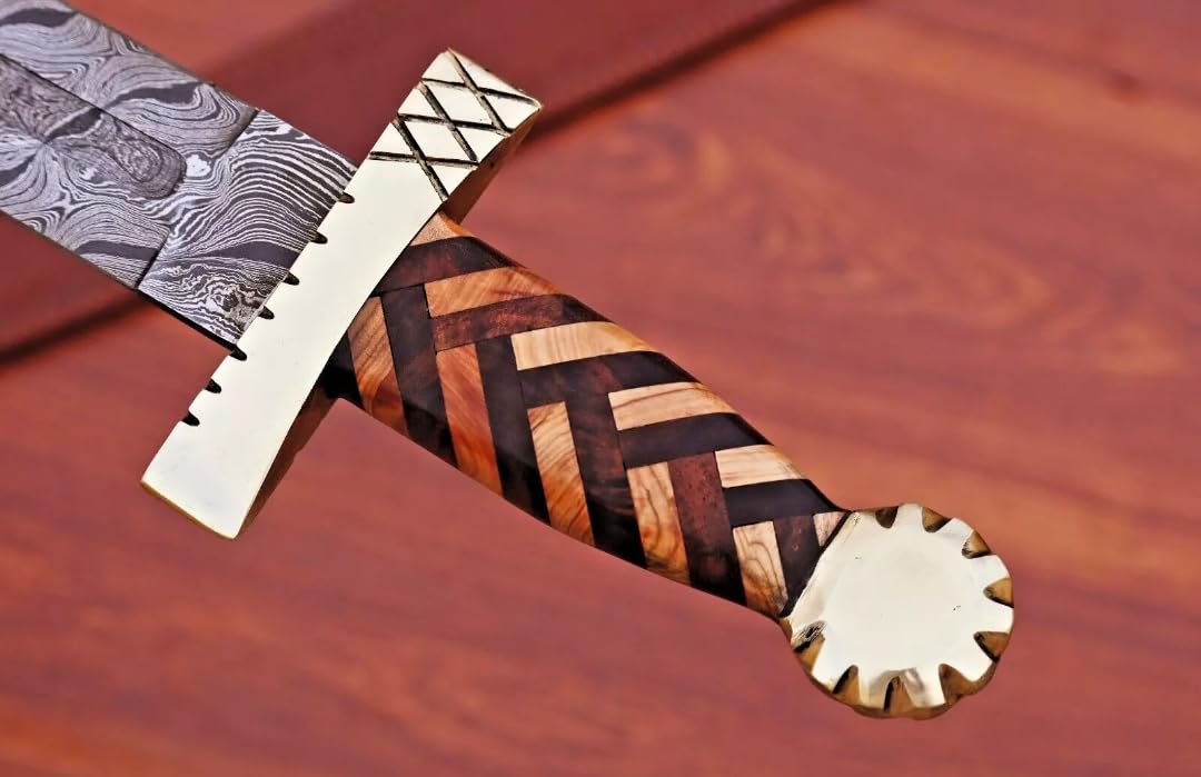 Empire - Damascus Steel Double Edge Hunting Sword - Cross Wood Handle - Combat Sword - Hunting Sword with Leather Sheath - Best