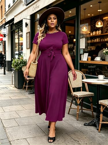 Image of Hostoyo Women Plus Size Formal A Line Maxi Dress Self Tie Waist with Pockets Elegant Round Neck Swing Long Dresses