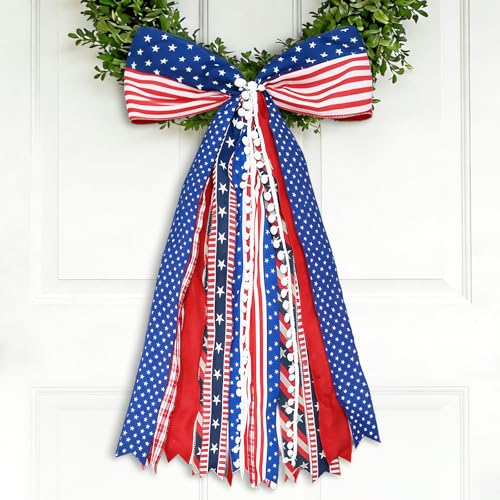 4th of July Decorations - Patriotic Wreath Sash Bow 27x13 Inch - Memorial Day Decor - American Flag Ribbon Bow for Front Door - Fourth of July 250th Anniversary Patriotic Decoration for Indoor Outdoor