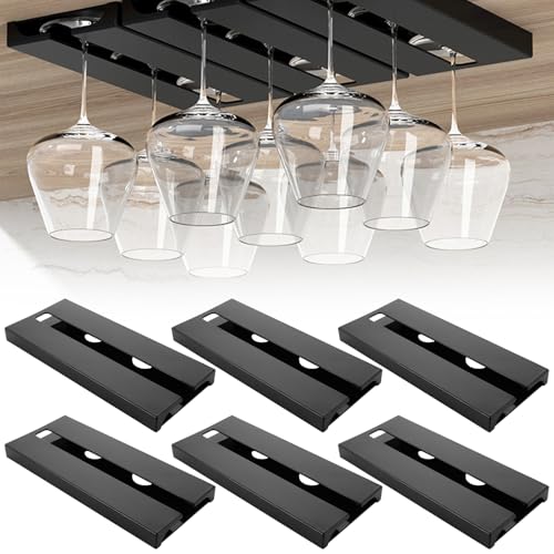LDXDRU 6 Stück Reihige Metall Weinglashalter Gläserhalter zum Aufhängen Hängender Weinglashalter Weinglashalter Halter Unter Dem Schrank Glashalter Schwarz für Schrank Hausbar Küche
