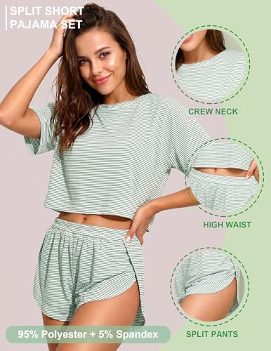 Image of Split Short Pajama Set Soft Women's Striped Pajama Sleeve Tee & Elastic Waist Shorts Summer Lounge Sleepwear