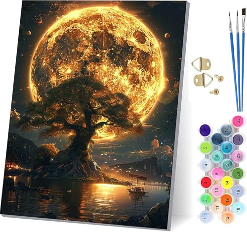 木 数字油絵 DIY Paint by Numbers for Adults 月 手作りキット子供初心者 塗り絵 数字 キット ブラシとアクリル絵の具が入 ペイントバイナンバー 大人のクラフトアクティビテ ホーム オフィス装飾 女性へのギフト 50x65c