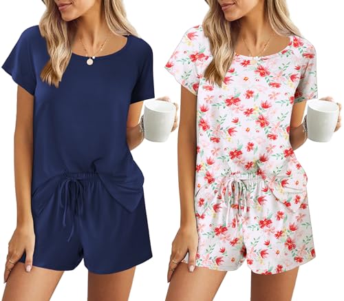Image of Ekouaer 2 Pack Womens Pajama Sets Short Sleeve Sleepwear Soft Crew Neck Pj Shorts Set Printed Loungewear Set S-XXL
