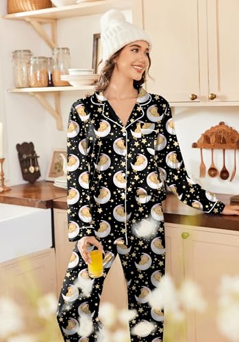 Image of Ekouaer Women's Classic Button Down Long Satin Silk Pajama Set