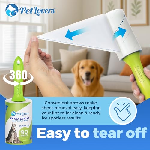 Image of PetLovers Extra Sticky Lint Roller Mega Value Set 450 Sheets for Pet Hair Removal and Clothes, Dog and Cat Lint Remover 5 Pack Green