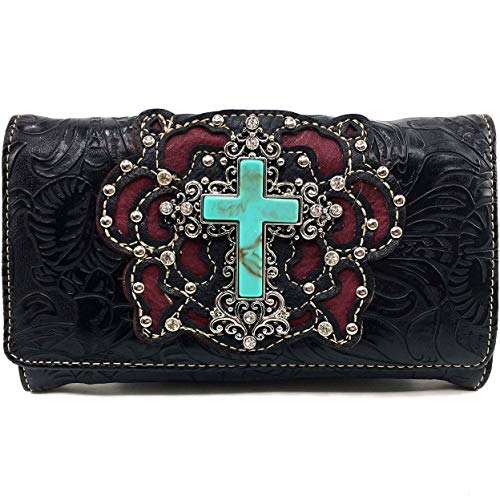 Zelris Western Turquoise Stone Cross Women Crossbody Wrist Handle Trifold Wallet