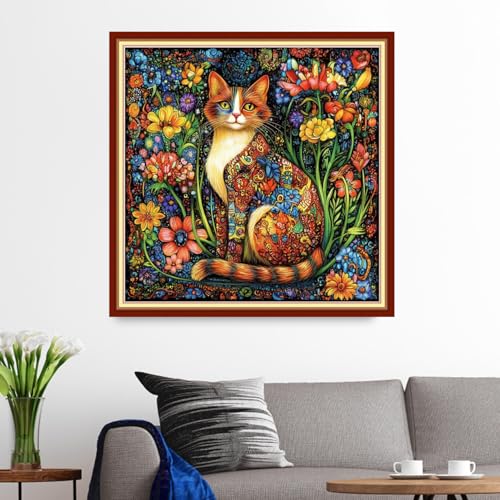 Image of Funxvoot Stamped Cross Stitch Kits for Beginners or Adults Embroidery Starter Patterns | DIY Printed Cross Stitch Kits Needlepoint for Adults or Kids 11CT-Cat Flowers 18x18 inch
