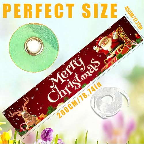 Image of Christmas Sleigh Outdoor Banner 78.7 x 17.7 Inch Santa with Reindeer on Red Background Festive Holiday Decoration for Yard Garden Fence Porch or Patio Display