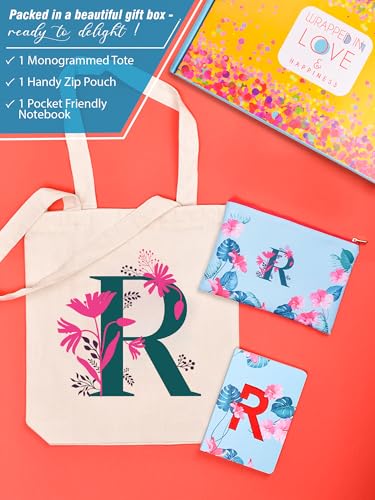 Image of DOODLE Monogram R Diary Gift Set with Tote Bag and Pouch | B6 Soft Bound Ruled Notebook | Stationery Gift Set for Women