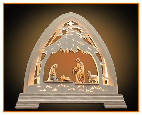 OVUNQUE PROTEGGIMI Arc lumineux de Noël en bois avec figurines crèche 9 cm, Nativité dans la forêt, éclairage LED, artisanat italien (coloré)
