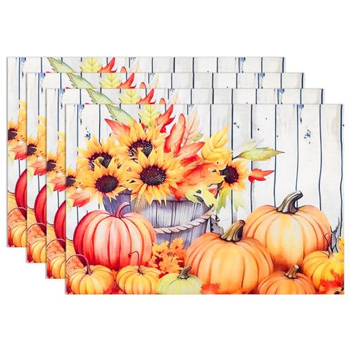 4er Herbst Tischdecke, Herbst Thema Tischsets Abwaschbar Platzdeckchen Stoff Platzset Tischset Stoff Herbstdeko Tisch Untersetzer Tischuntersetzer für Platzteller Besteck, 45x30cm, Kürbis-Muster