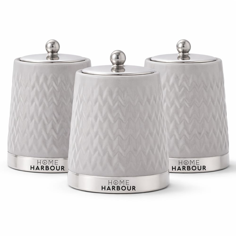 Home Harbour Eden Collection Set of 3 Tea Coffee Sugar Canisters | Modern Ceramic Gloss Jars with Airtight Lids | Storage Jars for Kitchen Countertop Organisation Chrome Ball Lid (Grey)