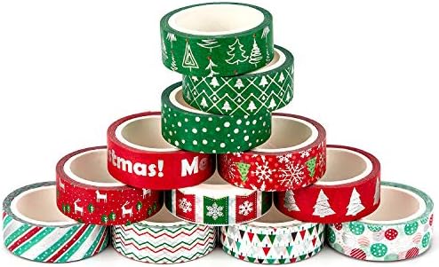 AIEX 12 Rolls Washi Tapes for Kids Christmas DIY Crafts, Decorative Tape with Silver Texture Design Gift Wrapping Tape for Christmas Scrapbooking Planners Office Supplies (1.5cm Wide, 5m Long)