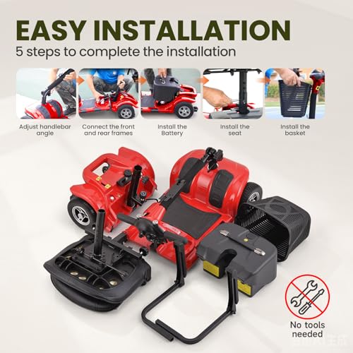 Image of Mobility Scooter for Adults, Senior, 4 Wheels Electric Powered Chargeable Device for Travel, Lightweight and Portable, with LED Headlights and Basket, Charger Included, Red /Blue (RED red)