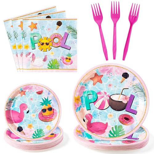G1ngtar 96Pcs Summer Pool Beach Ball Flamingos Party Plates Supplies - Party Tableware Decorations Disposable Paper Plates Napkins Forks for Kids Birthday Hawaiian Baby Shower Serves 24 Guest