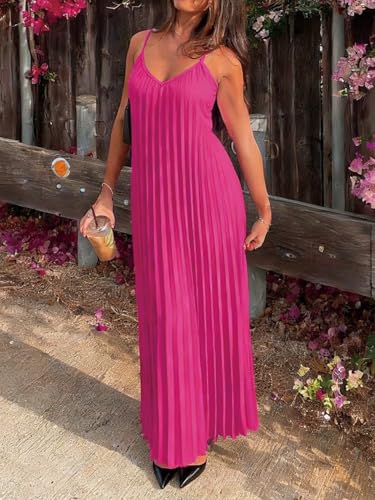 Image of Women's Summer Casual V Neck Sleeveless Strappy Pleated Flowy Loose Maxi Long Beach Dress