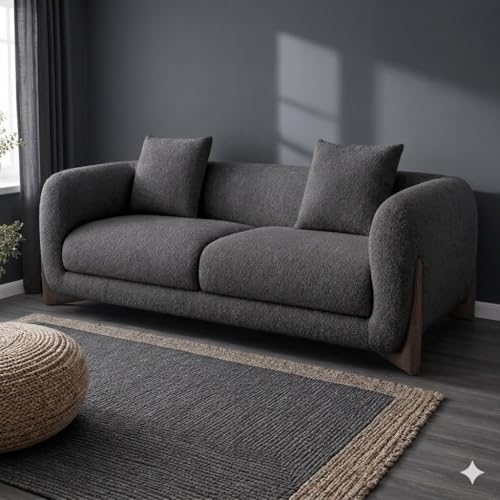 Image of Modern Sofa Chesterfield Design with Stylish Wooden Legs Boucle Fabric Dark Gray Finish Sofa for Living Room, Bedroom, Hallways (2 Seater)