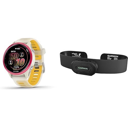 Bundle of Garmin® Forerunner® 570, 42mm, GPS Running Smartwatch, AMOLED Display, Training and Recovery Features, Raspberry Aluminum with Translucent Bone/Mango Band + Garmin HRM-Fit