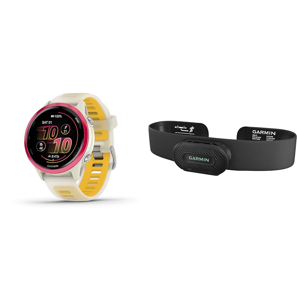 Bundle of Garmin® Forerunner® 570, 42mm, GPS Running Smartwatch, AMOLED Display, Training and Recovery Features, Raspberry Aluminum with Translucent Bone/Mango Band + Garmin HRM-Fit Raspberry with Bone/Mango HRM-Fit Bundle 42mm