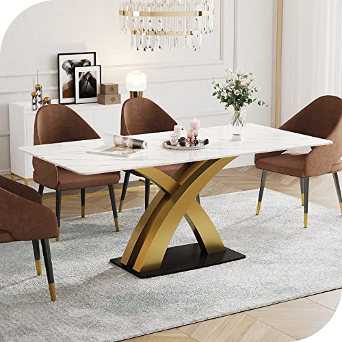 HERNEST 55" White Sintered Stone Dining Table for 4-6, Modern Heavy Duty Dining Room Table with Marble Texture Tabletop X-Shaped Bracket and Carbon Steel Pedestal, White Kitchen Table for Living Room