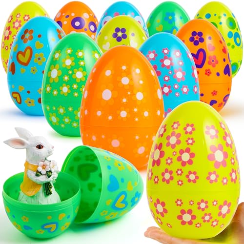 JOYIN 12 Pcs 7 Jumbo Plastic Easter Eggs, Bright Solid 6 Assorted Colors Printed Empty Eggs for Filling Treats Easter Party Favor Hunt Basket Stuffers Fillers Classroom Prize Supplies Toy