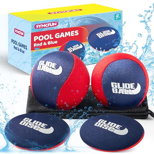 SYNCFUN 4 Pcs Skip Water Balls,Splash Water Bouncing Balls with Mesh Bag, Beach Toys for Kids, Pool Toys for Friends and Family, Fly Swimming Game Adults, Boys, Teens, Great for All Ages (Red & Blue)