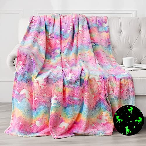 Image of Glow-in-The-Dark Polar Fleece Blanket for Kids - Soft Lightweight Single Bed Blanket (200x152 cm) | All-Season Jacquard Print, Assorted Multicolor - Unicorn Design (Magic Multi)