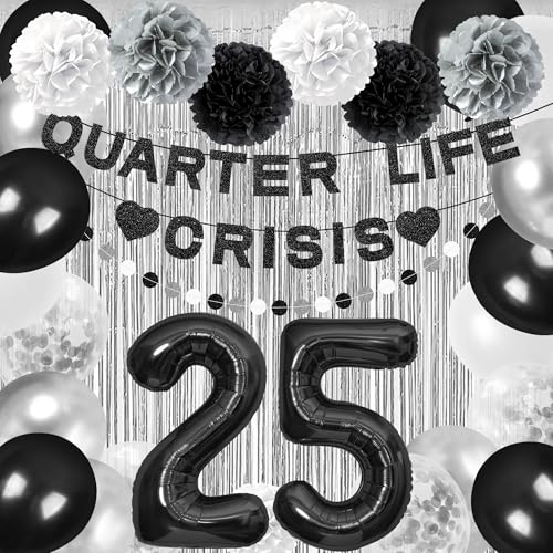 Image of Holkcog 25th Birthday Decoration for Women, Quarter Life Crisis to 25 Years Banner Black 25 Balloons Numbers Give Her Cheering 25th Birthday Gift 25th Birthday Party Supplies