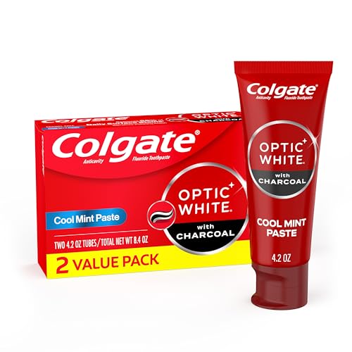 Colgate Optic White Whitening Toothpaste with Charcoal, Whitening with Charcoal Toothpaste Pack, Removes Daily Surface Stains, Enamel-Safe for Daily Use, Vegan, Cool Mint Paste, 2 Pack, 4.2 oz