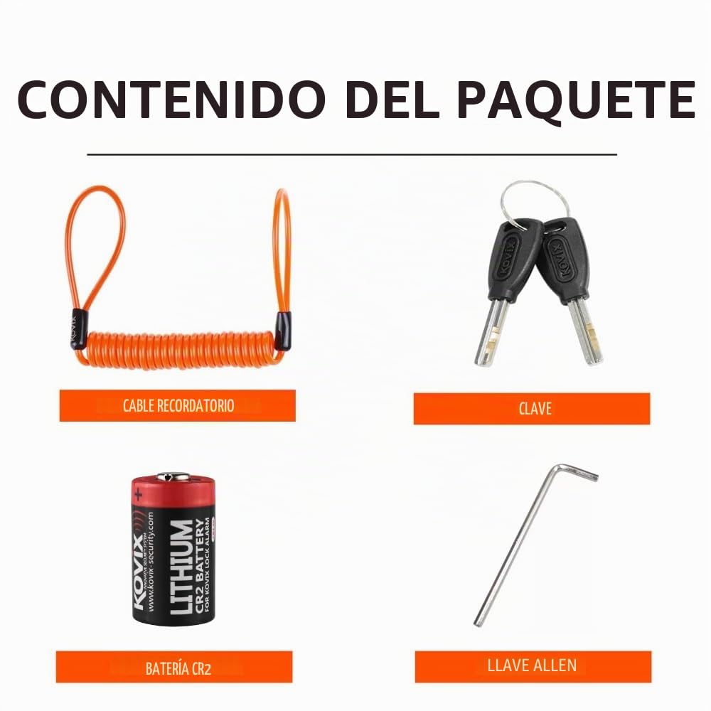 KOVIX KS6 Candado de Disco con Alarma 120dB, Batería Litio Recargable, para e-Bike, Patinete eléctrico, Scooter, Bicicleta antirrobo con Alarma para Disco de Freno, Acero Inoxidable