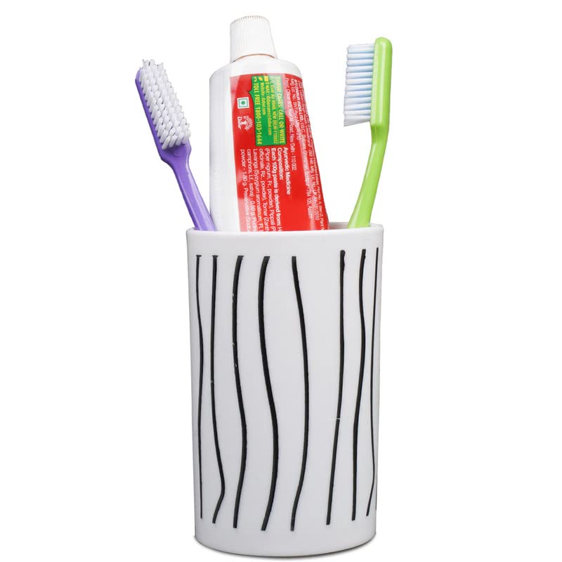 Image of SHENRON Bathroom Accessories Set for Utility and Bathroom Decor | Liquid Soap Dispenser and Toothbrush Holder Combo Colour- White with Line