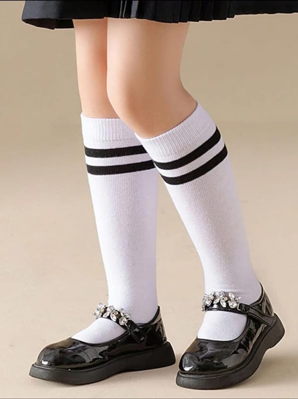 WKLOUYHE School Lycra Uniform Knee Length Knee High Socks For Boys & Girls - Color White with Black Border Stripes_Pack Of 02(10-11 Years) - Image 2 thumbnail