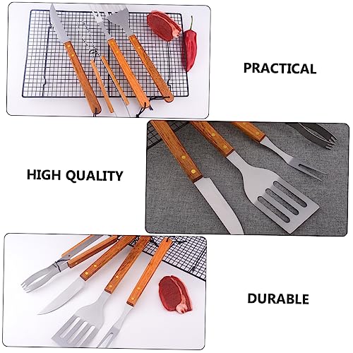 Set de 4 utensilios para parrilla con mango de madera miniatura 7