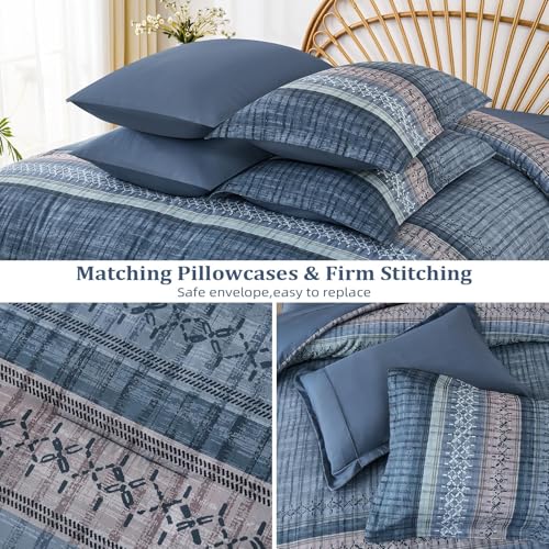 Image of Dintszyayue Blue Comforter Set Cal King Size, 8 Pieces Boho Striped Bed in a Bag Soft Microfiber Bedding Set for All Season