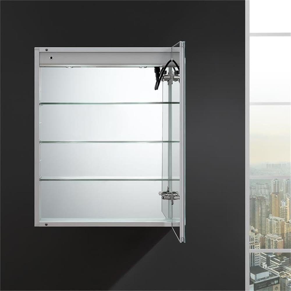 የውስጥ view of Fresca Spazio medicine cabinet with empty adjustable glass shelves