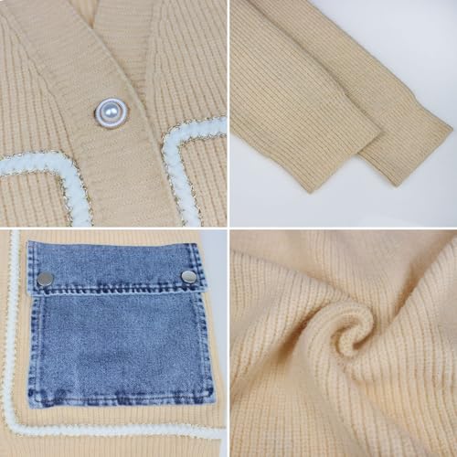 Image of FindThy Women's Casual Button Up Cardigan Oversized Long Sleeve Jean Patchwork Sweater Cardigans