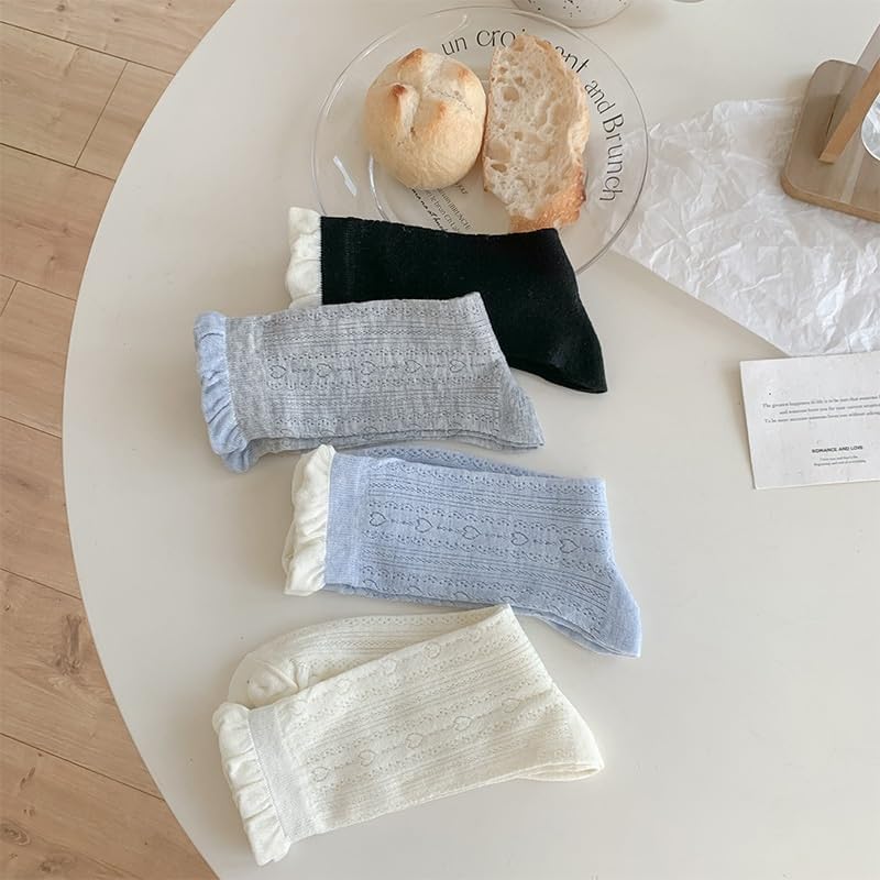 4 Pairs of Ruffle Socks Women, Casual Frilly Cute Knit Lettuce Thin Ankle Socks for Ladies Girls
