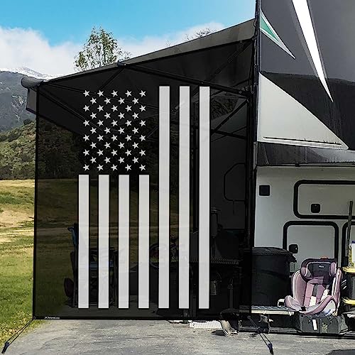 Tentproinc RV Awning Side Shade Screen 9' X 7' - (White American Flag) Black Mesh Sunshade for Motorhome Camping Trailer Awning Sunscreen UV Sun Blocker - 3 Year Warranty