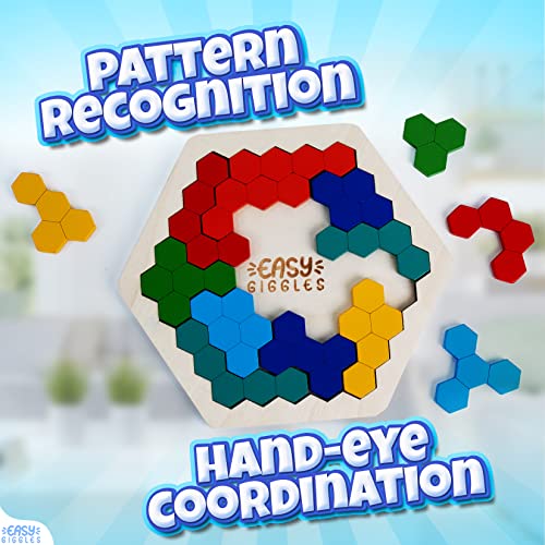 Easy Giggles Montessori Learning Toys Set For Kids - Wooden Stacking Stones, Numbers Learning Board, Block Puzzle, Hexagon Puzzle - Educational Activity Games For 3, 4, 5 Year Old Boys And Girls #TOP5