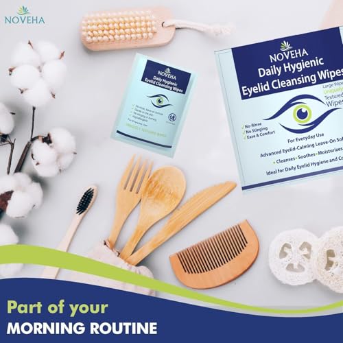 NOVEHA 180Pcs Daily Hygienic Eyelid & Lash Wipes | Individually Wrapped Cleansing Eyelash Wipes - For Blepharitis & Itchy Eyes, Demodex and Natural Makeup Remover & Daily Cleanser (3 Pack)