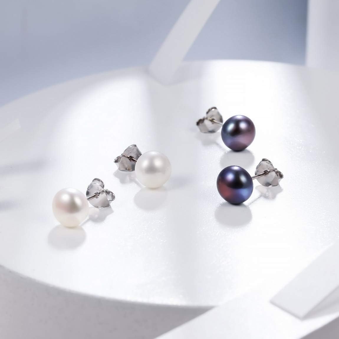INBLUE 925 Sterling Silver Freshwater Pearl Earrings for Women Girls Cultured Stud White Purple Pearl Earrings Sets Bridesmaid Gifts Best Friend Lovers Jewelry