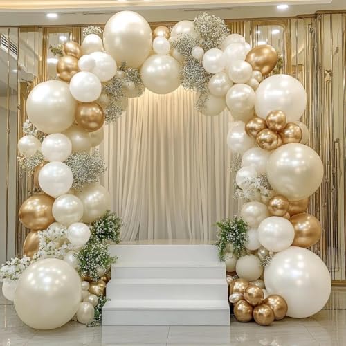 Image of Beige Gold Balloons Double Stuffed Sand White Balloon Garland Pearl White Cream Metallic Gold Balloon Arch Kit for Birthday Wedding Bridal Anniversary Boho Baby Shower Party Decorations