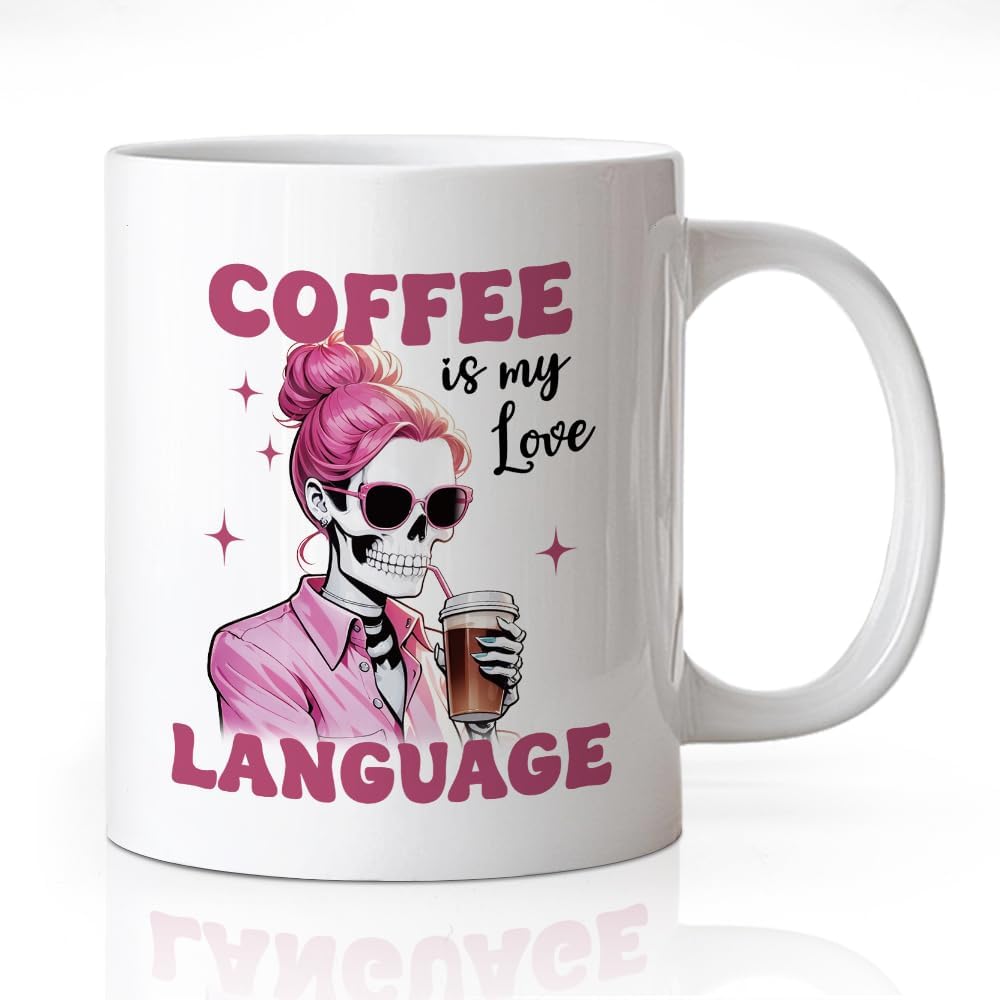 Coffee Is My Love Language Pink Skullgirl Coffee Mug, Fashion Coffee Mug Gifts for Mom Aunt Niece Sister Friend Girlfriend Wife Coffee Lover Women, Thank You Retirement Gifts for Coworker Boss