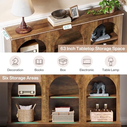 Image of Tribesigns Arched Console Table, 63 inch Wooden Entryway Table with Storage | Farmhouse Long 3-Tier Sofa Table Behind The Couch for Entrance, Hallway, Living Room, Foyer, Brown