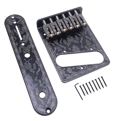 TUOREN 6 String Telecaster Bridge Plate 3 Way Switch Control Plate Set with Beautiful Decorative Pattern for Tele Telecaster Electric Guitars Replacement Parts Black