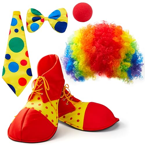 Spooktacular Creations 6 PCS Clown Costume Set, Halloween Rainbow Wig Nose Bow Tie and Shoes Accessories for Clown Parties, Fancy Circus Costume for Kids Women Men Carnival Party