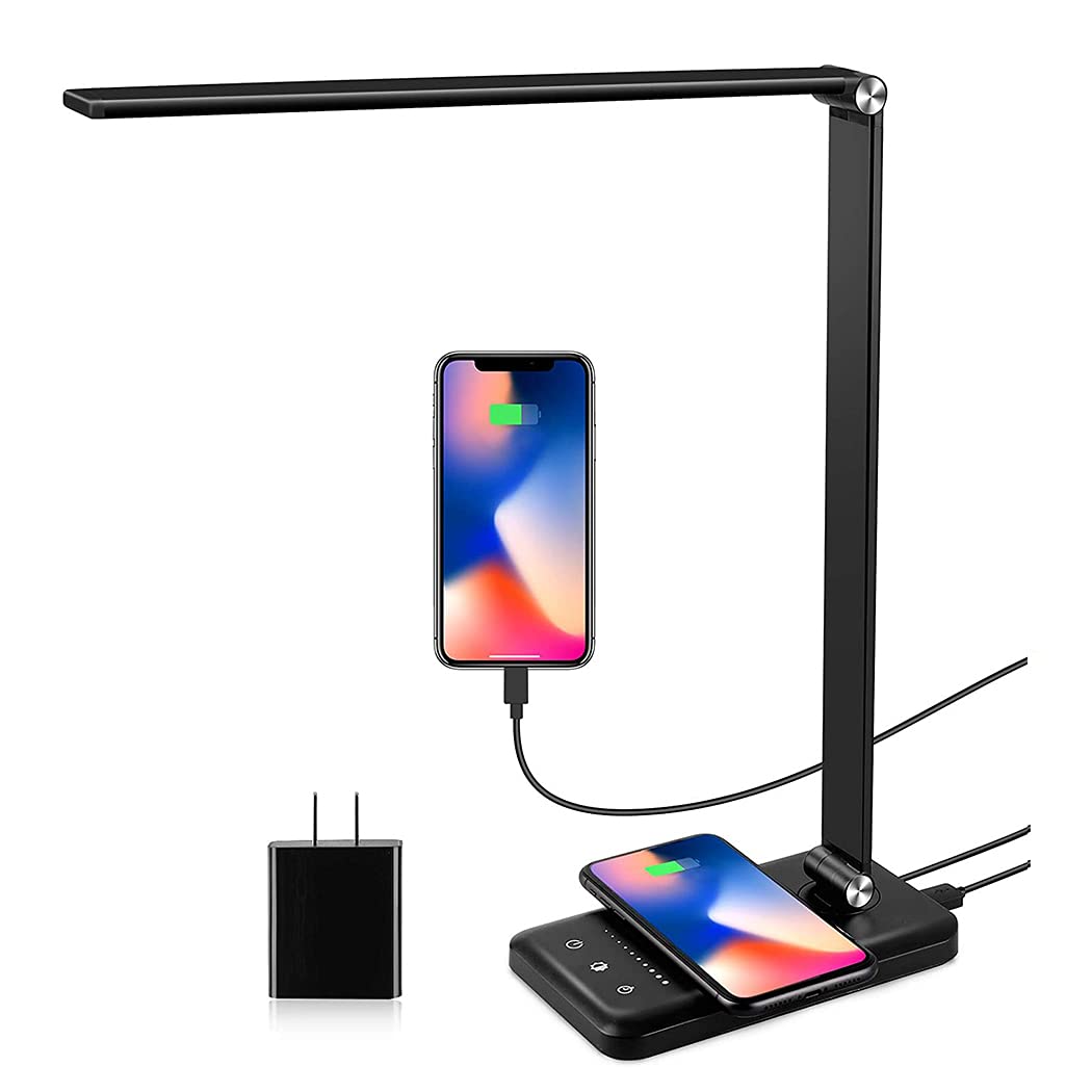 AMERTEERLED Desk Lamp with Wireless Charger, USB Charging Port, Modern Eye-Caring Table Lamps for Home Office, 5 Lighting Modes and 10 Brightness Levels, Bright Table Light with Touch Control- Black