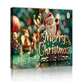 ホリデーテーマウォールアートサンタとエルフのクリスマスツリーキャンバスプリントメリークリスマスサインアートワークウォールデコレーションホームファームハウスデコレーション50x50cmインナーフレーム