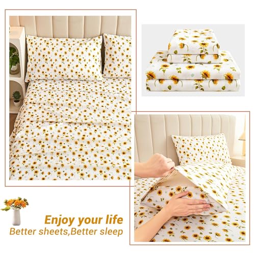 Image of Softan Floral Sheet Set Queen, Sunflower Printed Bed Sheets Queen, Cozy Double Brushed Microfiber Fitted Sheet with 15 inch Deep Pocket and Corner Straps, Cute Yellow Flower Sheet & Pillowcase Sets